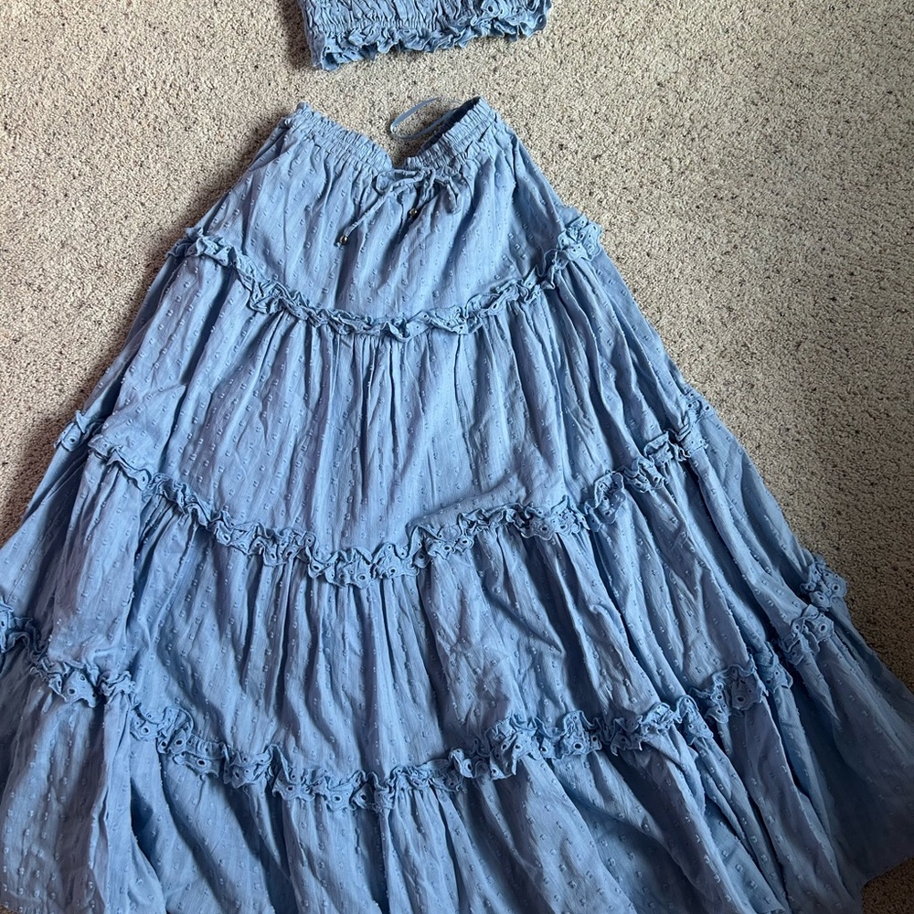 Vici Light Blue Tiered Maxi Skirt and bandeau top